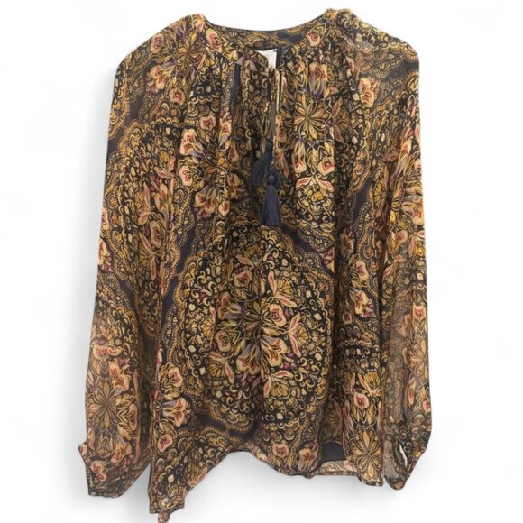 Johnny Was Jade Peasant Top Boho Floral Tassel Blouse Navy Gold Size L NWT - Picture 1 of 15